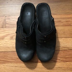 Frye black distressed clogs